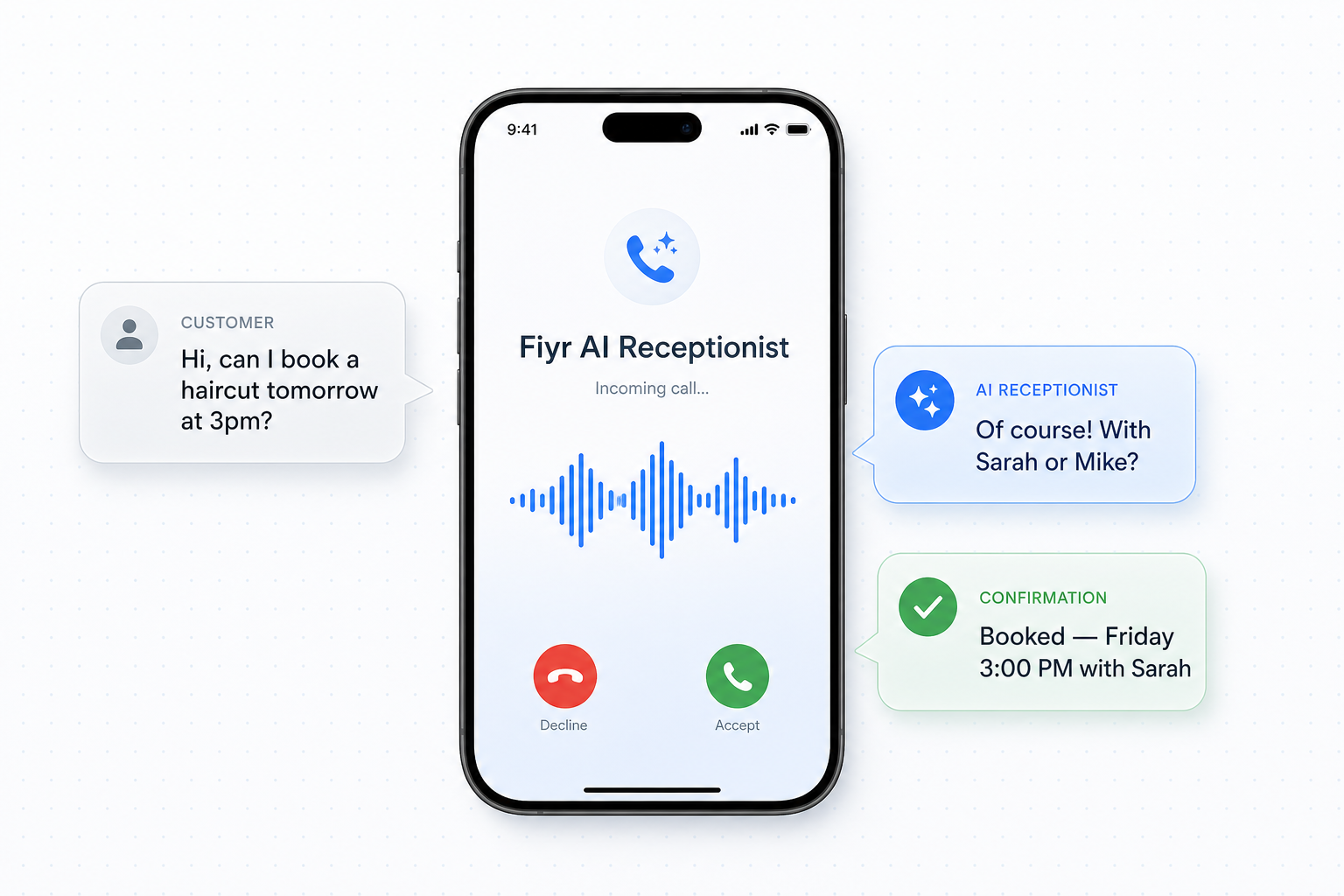 Smartphone showing an incoming call from the Fiyr AI Receptionist with a sample customer conversation and booking confirmation